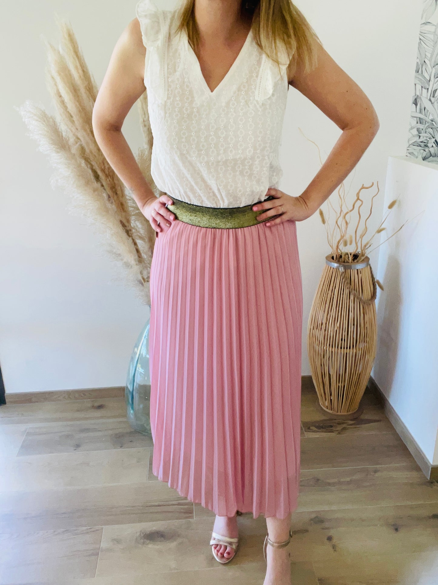 Jupe longue plissée rose THEA