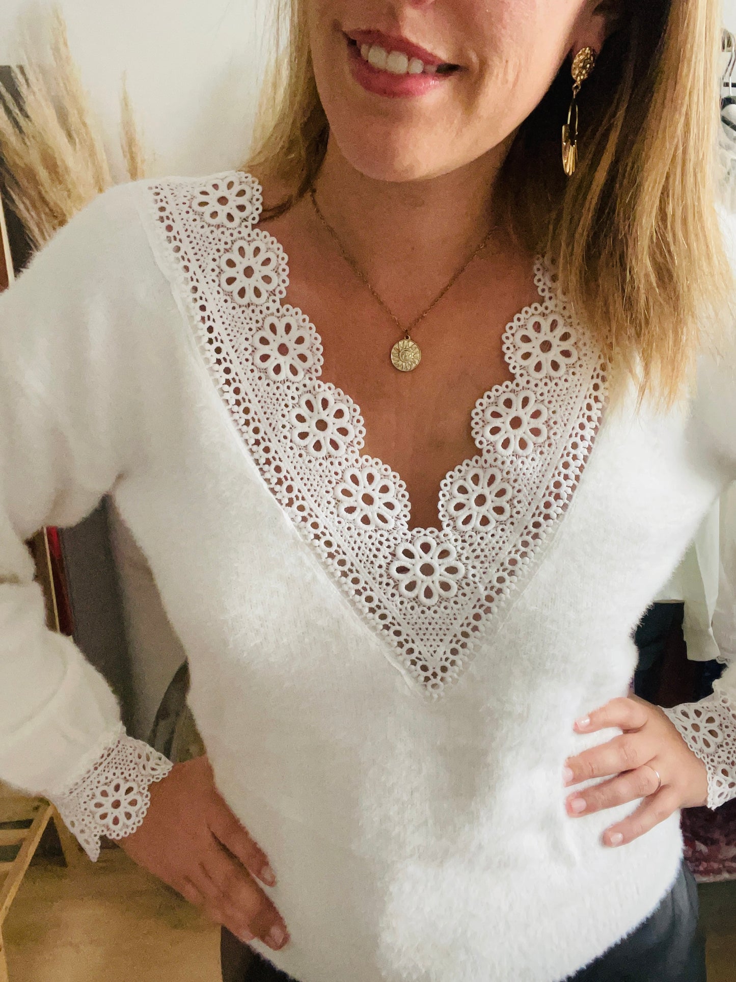 Pull blanc réversible dentelle JULIETTE