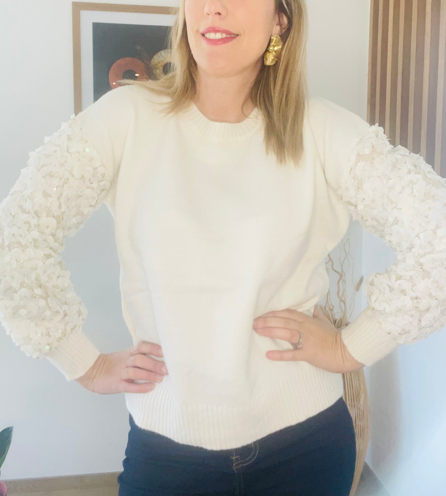 PULL MANCHES FLEURS